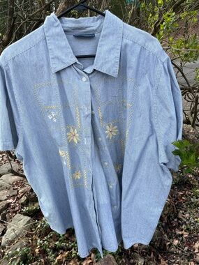 Karen Scott Light Blue Embroidered Button-Down Shirt